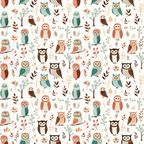 cartoon owls,, fabric panel, whimsical pattern, forest birds, teal green, rust orange, brown, cream, botanical elements, woodland creatures, cute animals, repeating design, children's fabric, nature theme, autumn colors, stylized illustration, craft fabric, sewing material, nursery fabric