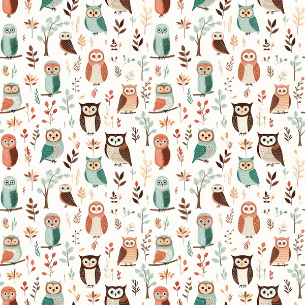 cartoon owls,, fabric panel, whimsical pattern, forest birds, teal green, rust orange, brown, cream, botanical elements, woodland creatures, cute animals, repeating design, children's fabric, nature theme, autumn colors, stylized illustration, craft fabric, sewing material, nursery fabric