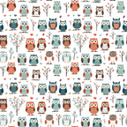 cartoon owls,, fabric panel, orange, teal, brown, sage green, coral, white, repeating pattern, woodland animals, cute owls, whimsical design, children's fabric, nursery theme, autumn colors, nature motif, birds, stylized illustration, craft fabric