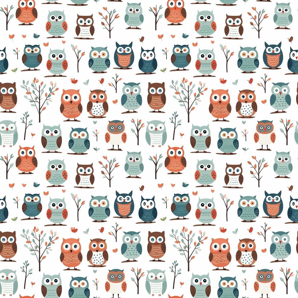 cartoon owls,, fabric panel, orange, teal, brown, sage green, coral, white, repeating pattern, woodland animals, cute owls, whimsical design, children's fabric, nursery theme, autumn colors, nature motif, birds, stylized illustration, craft fabric