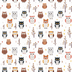cartoon owls,, fabric panel, woodland animals, forest theme, brown owls, gray owls, orange owls, pink owls, black owls, white owls, yellow eyes, tree branches, autumn leaves, nature pattern, cute animals, whimsical design, children's fabric, nursery theme, repeating pattern