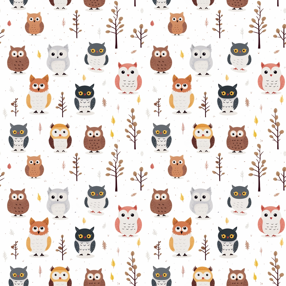 cartoon owls,, fabric panel, woodland animals, forest theme, brown owls, gray owls, orange owls, pink owls, black owls, white owls, yellow eyes, tree branches, autumn leaves, nature pattern, cute animals, whimsical design, children's fabric, nursery theme, repeating pattern
