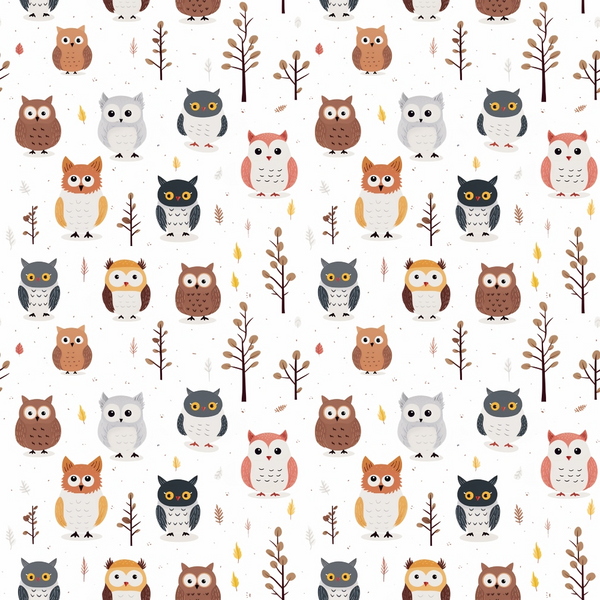cartoon owls,, fabric panel, woodland animals, forest theme, brown owls, gray owls, orange owls, pink owls, black owls, white owls, yellow eyes, tree branches, autumn leaves, nature pattern, cute animals, whimsical design, children's fabric, nursery theme, repeating pattern