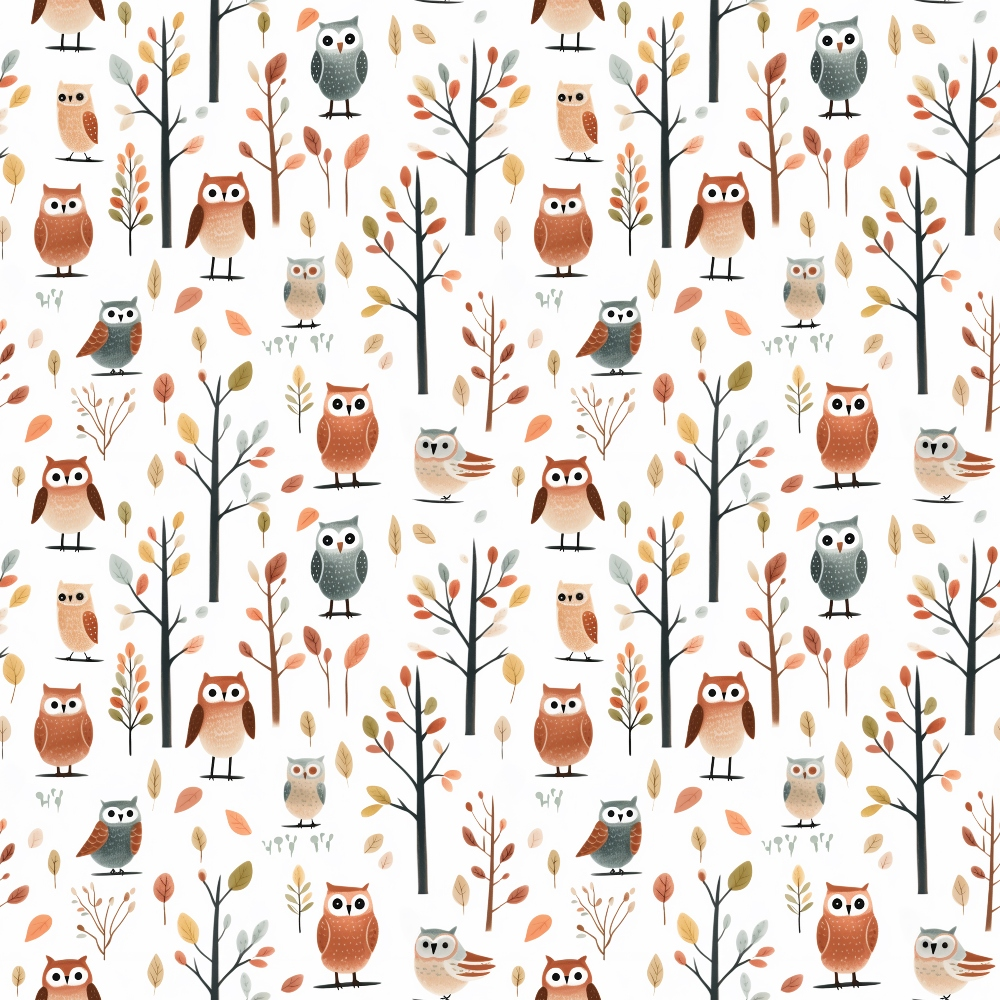 cartoon owls, autumn colors, orange, brown, gray, beige, forest trees, branches, leaves, woodland animals, whimsical style, repeating pattern,, fabric panel, fall theme, nature motif, cute characters, scattered design, earth tones, crafting fabric