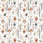 cartoon owls, autumn colors, orange, brown, gray, beige, forest trees, branches, leaves, woodland animals, whimsical style, repeating pattern,, fabric panel, fall theme, nature motif, cute characters, scattered design, earth tones, crafting fabric