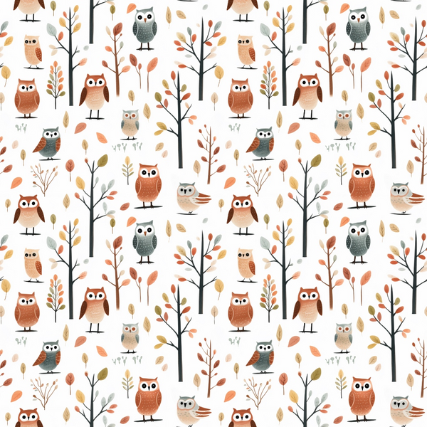 cartoon owls, autumn colors, orange, brown, gray, beige, forest trees, branches, leaves, woodland animals, whimsical style, repeating pattern,, fabric panel, fall theme, nature motif, cute characters, scattered design, earth tones, crafting fabric