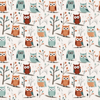 cartoon owls, whimsical pattern, orange owls, teal owls, brown owls, tree branches, autumn leaves,, fabric panel, woodland creatures, cute animals, repeating design, children's fabric, nursery theme, forest motif, playful style, craft fabric, sewing material, nature inspired, colorful birds