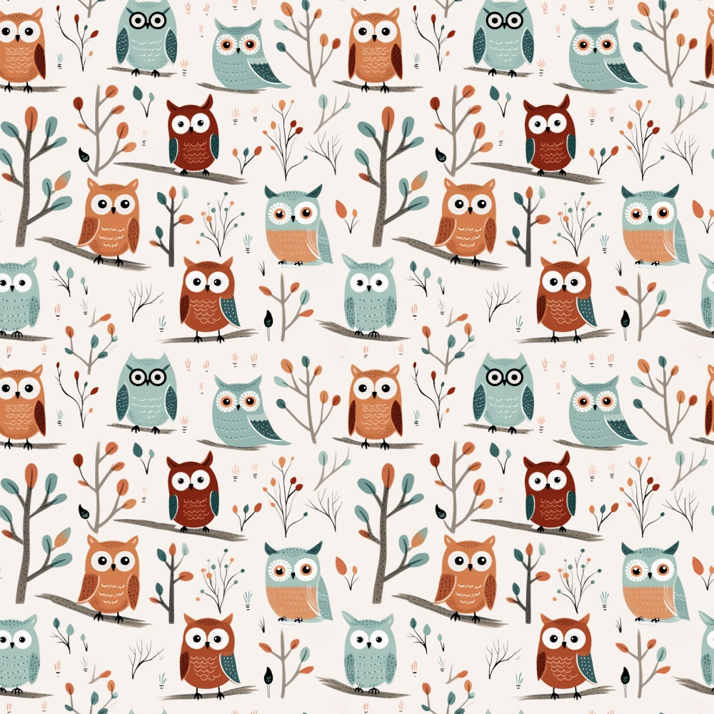 cartoon owls, whimsical pattern, orange owls, teal owls, brown owls, tree branches, autumn leaves,, fabric panel, woodland creatures, cute animals, repeating design, children's fabric, nursery theme, forest motif, playful style, craft fabric, sewing material, nature inspired, colorful birds