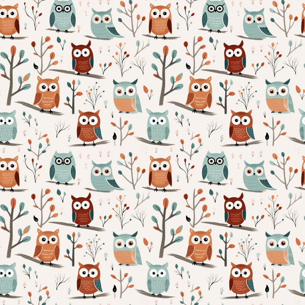 cartoon owls, whimsical pattern, orange owls, teal owls, brown owls, tree branches, autumn leaves,, fabric panel, woodland creatures, cute animals, repeating design, children's fabric, nursery theme, forest motif, playful style, craft fabric, sewing material, nature inspired, colorful birds