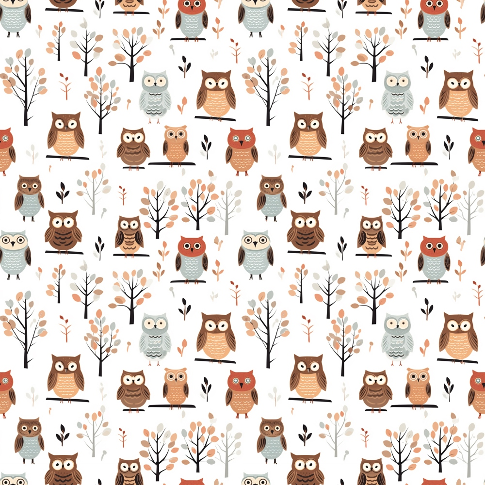 cartoon owls, autumn colors, brown owls, orange owls, gray owls, red owls,, fabric panel, woodland pattern, tree branches, fall leaves, cute animals, whimsical design, nature motif, bird pattern, repetitive design, children's fabric, craft fabric, sewing material, forest theme