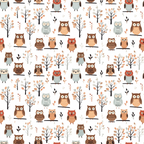 cartoon owls, autumn colors, brown owls, orange owls, gray owls, red owls,, fabric panel, woodland pattern, tree branches, fall leaves, cute animals, whimsical design, nature motif, bird pattern, repetitive design, children's fabric, craft fabric, sewing material, forest theme