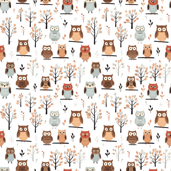 cartoon owls, autumn colors, brown owls, orange owls, gray owls, red owls,, fabric panel, woodland pattern, tree branches, fall leaves, cute animals, whimsical design, nature motif, bird pattern, repetitive design, children's fabric, craft fabric, sewing material, forest theme