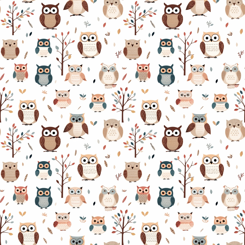 cartoon owls,, fabric panel, repeating pattern, brown owls, teal owls, orange owls, beige owls, autumn trees, scattered leaves, whimsical design, cute animals, forest theme, earth tones, muted colors, craft fabric, sewing material, woodland creatures, fall colors