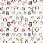 cartoon owls,, fabric panel, repeating pattern, brown owls, teal owls, orange owls, beige owls, autumn trees, scattered leaves, whimsical design, cute animals, forest theme, earth tones, muted colors, craft fabric, sewing material, woodland creatures, fall colors
