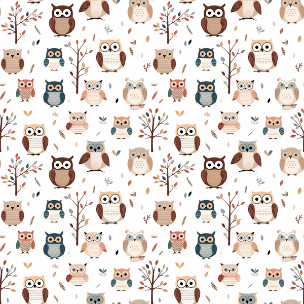cartoon owls,, fabric panel, repeating pattern, brown owls, teal owls, orange owls, beige owls, autumn trees, scattered leaves, whimsical design, cute animals, forest theme, earth tones, muted colors, craft fabric, sewing material, woodland creatures, fall colors