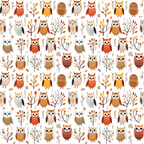 cartoon owls,, fabric panel, autumn colors, orange, brown, beige, yellow, woodland creatures, nature pattern, branches, leaves, fall foliage, cute animals, whimsical design, repetitive pattern, children's fabric, nursery theme, forest motif, seasonal design