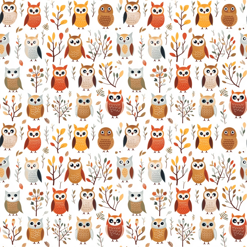 cartoon owls,, fabric panel, autumn colors, orange, brown, beige, yellow, woodland creatures, nature pattern, branches, leaves, fall foliage, cute animals, whimsical design, repetitive pattern, children's fabric, nursery theme, forest motif, seasonal design