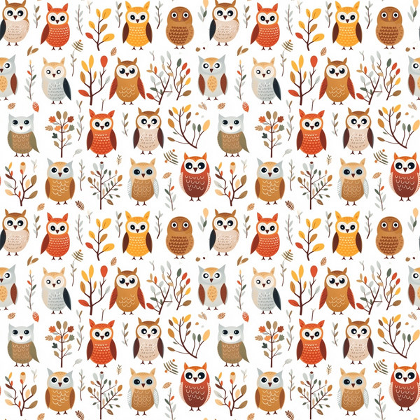cartoon owls,, fabric panel, autumn colors, orange, brown, beige, yellow, woodland creatures, nature pattern, branches, leaves, fall foliage, cute animals, whimsical design, repetitive pattern, children's fabric, nursery theme, forest motif, seasonal design