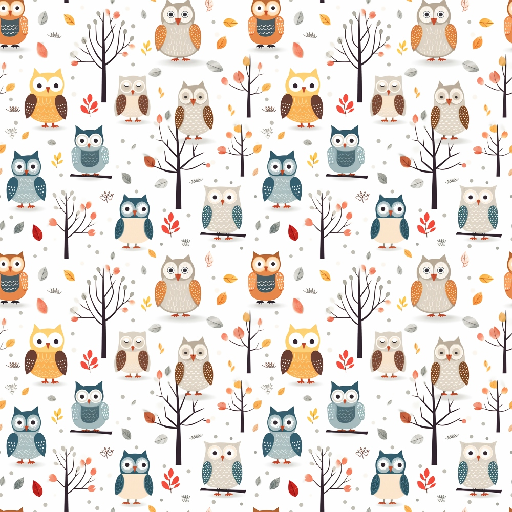 cartoon owls, autumn colors, orange, yellow, blue, gray, brown, white, seamless pattern,, fabric panel, woodland animals, tree branches, falling leaves, whimsical style, cute characters, nature theme, seasonal design, repeating motif, craft fabric
