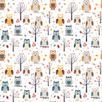 cartoon owls, autumn colors, orange, yellow, blue, gray, brown, white, seamless pattern,, fabric panel, woodland animals, tree branches, falling leaves, whimsical style, cute characters, nature theme, seasonal design, repeating motif, craft fabric