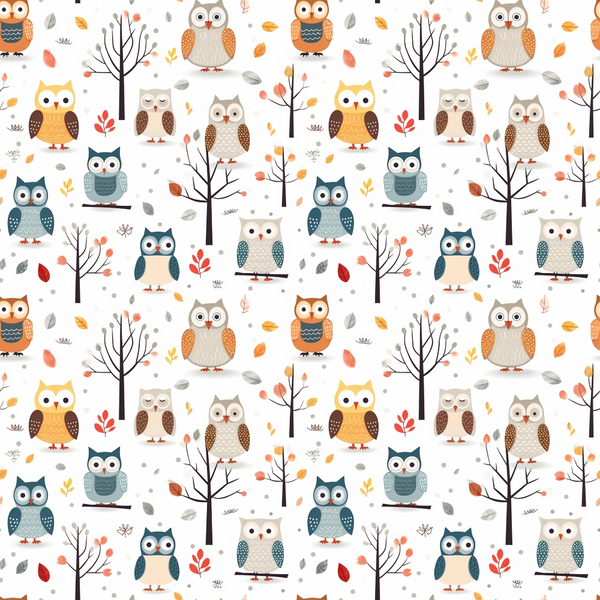 cartoon owls, autumn colors, orange, yellow, blue, gray, brown, white, seamless pattern,, fabric panel, woodland animals, tree branches, falling leaves, whimsical style, cute characters, nature theme, seasonal design, repeating motif, craft fabric