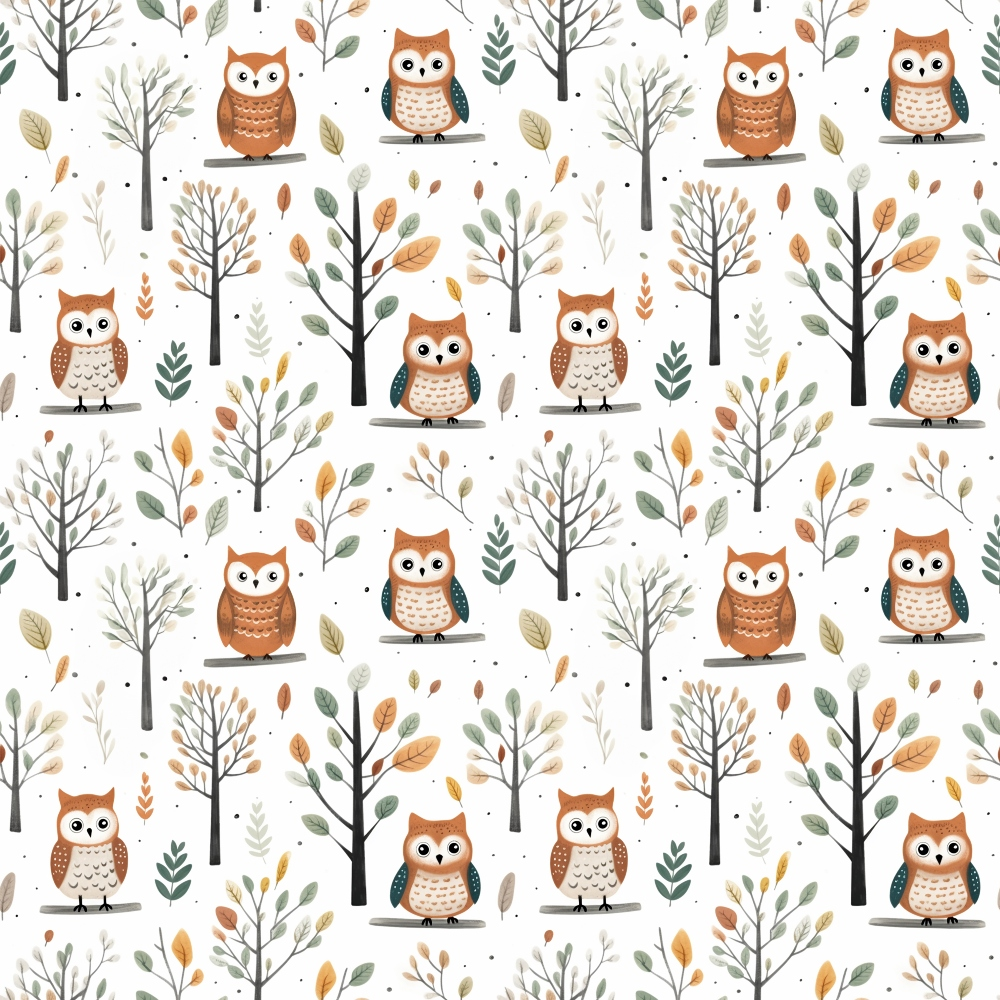 cartoon owls, autumn colors, orange, brown, green, cream, woodland pattern, trees, falling leaves, cute animals, whimsical design, forest theme,, fabric panel, repeating pattern, nature motifs, seasonal design, children's fabric, nursery print, craft fabric