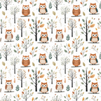 cartoon owls, autumn colors, orange, brown, green, cream, woodland pattern, trees, falling leaves, cute animals, whimsical design, forest theme,, fabric panel, repeating pattern, nature motifs, seasonal design, children's fabric, nursery print, craft fabric