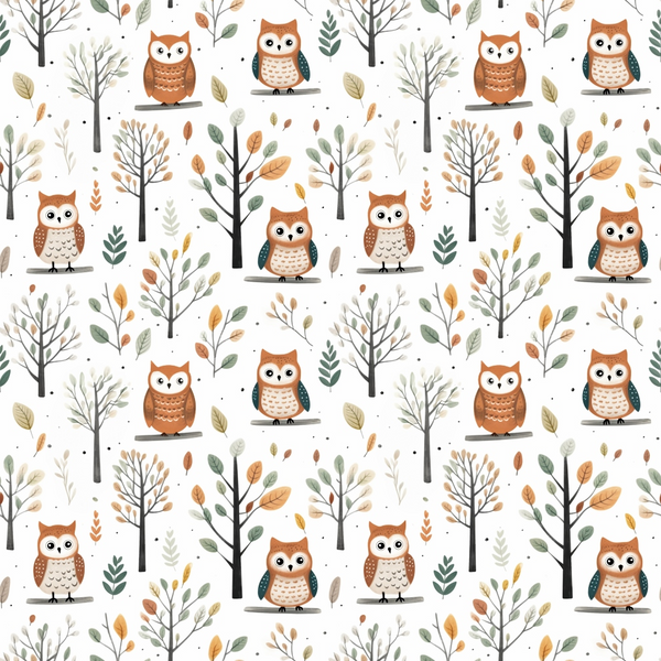 cartoon owls, autumn colors, orange, brown, green, cream, woodland pattern, trees, falling leaves, cute animals, whimsical design, forest theme,, fabric panel, repeating pattern, nature motifs, seasonal design, children's fabric, nursery print, craft fabric
