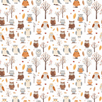 Pattern of various cartoon owls, trees, and leaves on a white background, featuring different owl species and bare trees.