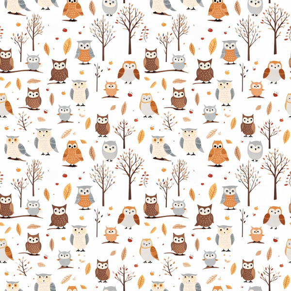 Pattern of various cartoon owls, trees, and leaves on a white background, featuring different owl species and bare trees.
