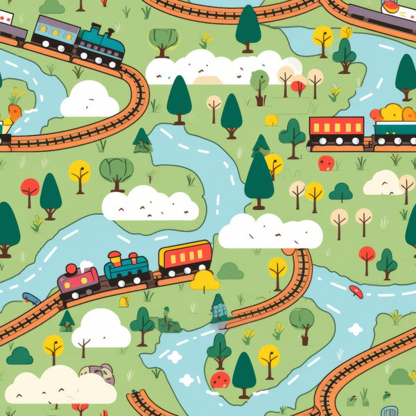 cartoon trains, green background, blue river, colorful trees, railway tracks, locomotive, train cars, whimsical illustration, white clouds, red accents, yellow trees, orange rails,, fabric panel, children's theme, playful design, transportation motif, curved tracks, pastoral landscape, cheerful colors