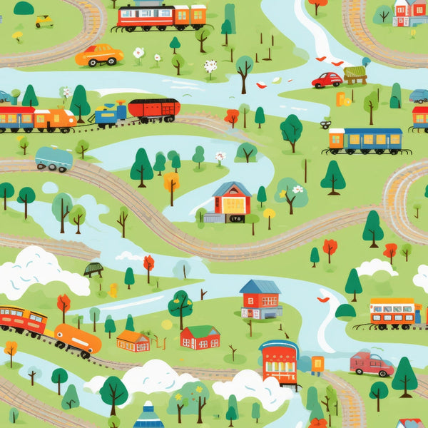 cartoon trains,, fabric panel, green landscape, red trains, orange vehicles, blue river, winding railway tracks, children's pattern, whimsical illustration, colorful houses, trees scattered, playful design, bright colors, transportation theme, pastoral scene, rolling hills, train cars, scenic countryside, cheerful mood