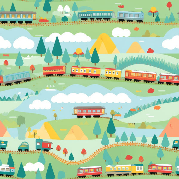 cartoon trains,, fabric panel, green landscape, blue trains, red trains, yellow trains, rolling hills, mountain scenery, railway tracks, children's pattern, whimsical design, pastoral scene, evergreen trees, white clouds, colorful locomotives, train cars, scenic countryside, playful illustration, transportation theme