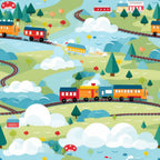 cartoon trains,, fabric panel, colorful landscape, rolling hills, railroad tracks, steam locomotives, passenger cars, white clouds, evergreen trees, red mushrooms, winding rails, children's theme, playful design, bright colors, blue sky, green hills, orange trains, red cars, whimsical illustration, transportation theme