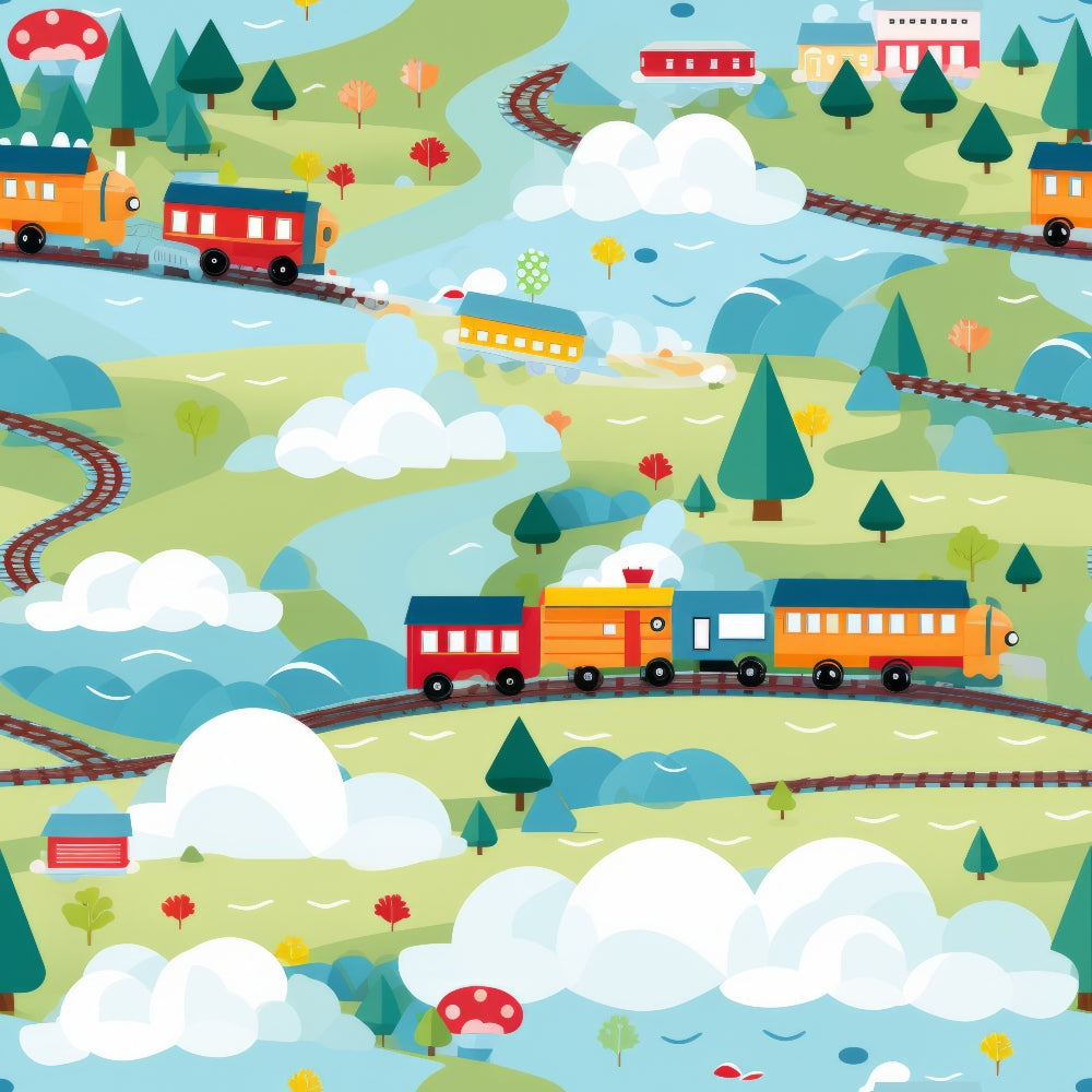 cartoon trains,, fabric panel, colorful landscape, rolling hills, railroad tracks, steam locomotives, passenger cars, white clouds, evergreen trees, red mushrooms, winding rails, children's theme, playful design, bright colors, blue sky, green hills, orange trains, red cars, whimsical illustration, transportation theme