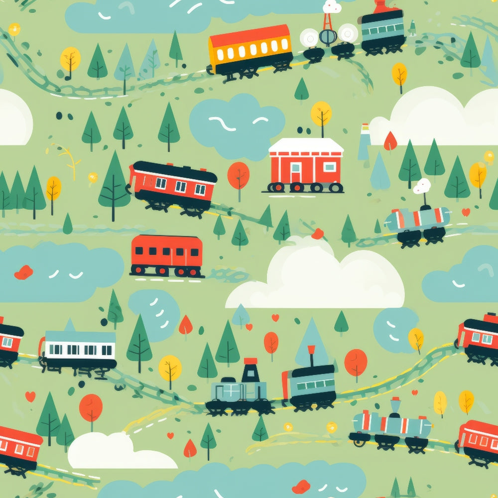 cartoon trains, red trains, green landscape, rolling hills, fluffy white clouds, blue clouds, colorful trees, railway tracks, locomotives, passenger cars, whimsical illustration, children's pattern,, fabric panel, playful design, transportation theme, bright colors, yellow accents, orange details, cheerful mood