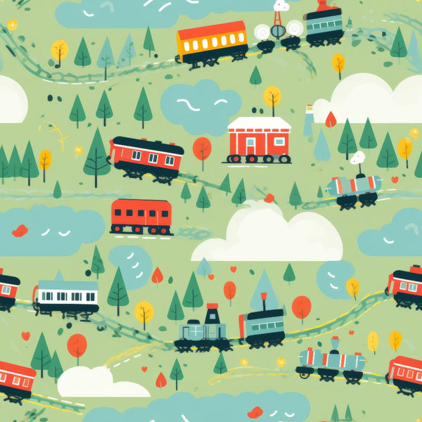 cartoon trains, red trains, green landscape, rolling hills, fluffy white clouds, blue clouds, colorful trees, railway tracks, locomotives, passenger cars, whimsical illustration, children's pattern,, fabric panel, playful design, transportation theme, bright colors, yellow accents, orange details, cheerful mood