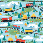 trains, railroad tracks, mountains, trees, clouds, red, yellow, blue, green, white, cartoon style, transportation, locomotive, railway cars, scenic landscape,, fabric panel, whimsical, colorful pattern, rolling hills