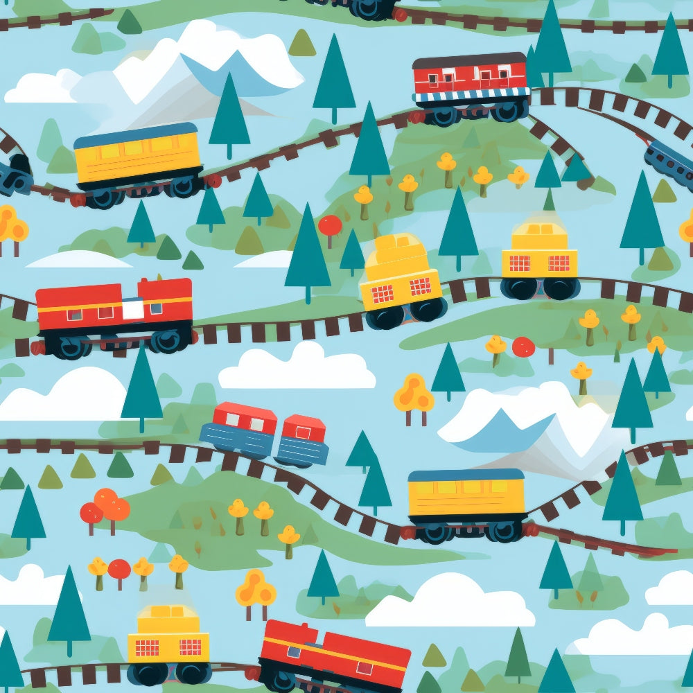 trains, railroad tracks, mountains, trees, clouds, red, yellow, blue, green, white, cartoon style, transportation, locomotive, railway cars, scenic landscape,, fabric panel, whimsical, colorful pattern, rolling hills