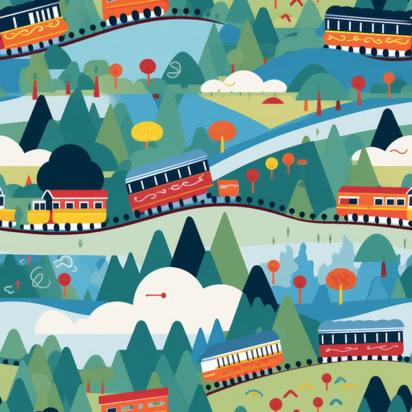 trains, cartoon style, colorful landscape, green hills, blue rivers, red locomotives, orange cars, yellow trees, mountains, bridges, whimsical illustration, transportation theme,, fabric panel, playful design, geometric trees, rolling hills, railway tracks, children's fabric, bright colors