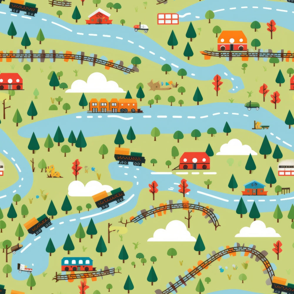 cartoon trains,, fabric panel, bright colors, green landscape, blue rivers, orange locomotives, red houses, railroad tracks, curved bridges, pine trees, whimsical illustration, transportation theme, scenic countryside, playful design, children's motif, winding roads, toy trains, pastoral setting, cheerful pattern