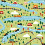 cartoon trains,, fabric panel, bright colors, green landscape, blue rivers, orange locomotives, red houses, railroad tracks, curved bridges, pine trees, whimsical illustration, transportation theme, scenic countryside, playful design, children's motif, winding roads, toy trains, pastoral setting, cheerful pattern