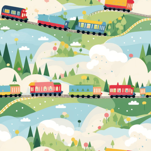 cartoon trains, colorful locomotives, railway tracks, rolling hills, green landscape, blue sky, white clouds, evergreen trees, whimsical illustration, children's pattern, bright colors, red trains, yellow cars,, fabric panel, playful design, transportation theme, scenic countryside, cheerful mood, kid-friendly