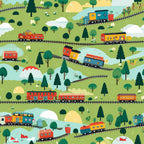 cartoon trains,, fabric panel, green landscape, colorful locomotives, railroad tracks, trees, rolling hills, whimsical illustration, children's design, red trains, yellow trains, blue trains, orange trains, pastoral scene, playful pattern, kid-friendly, transportation theme, bright colors, cheerful mood