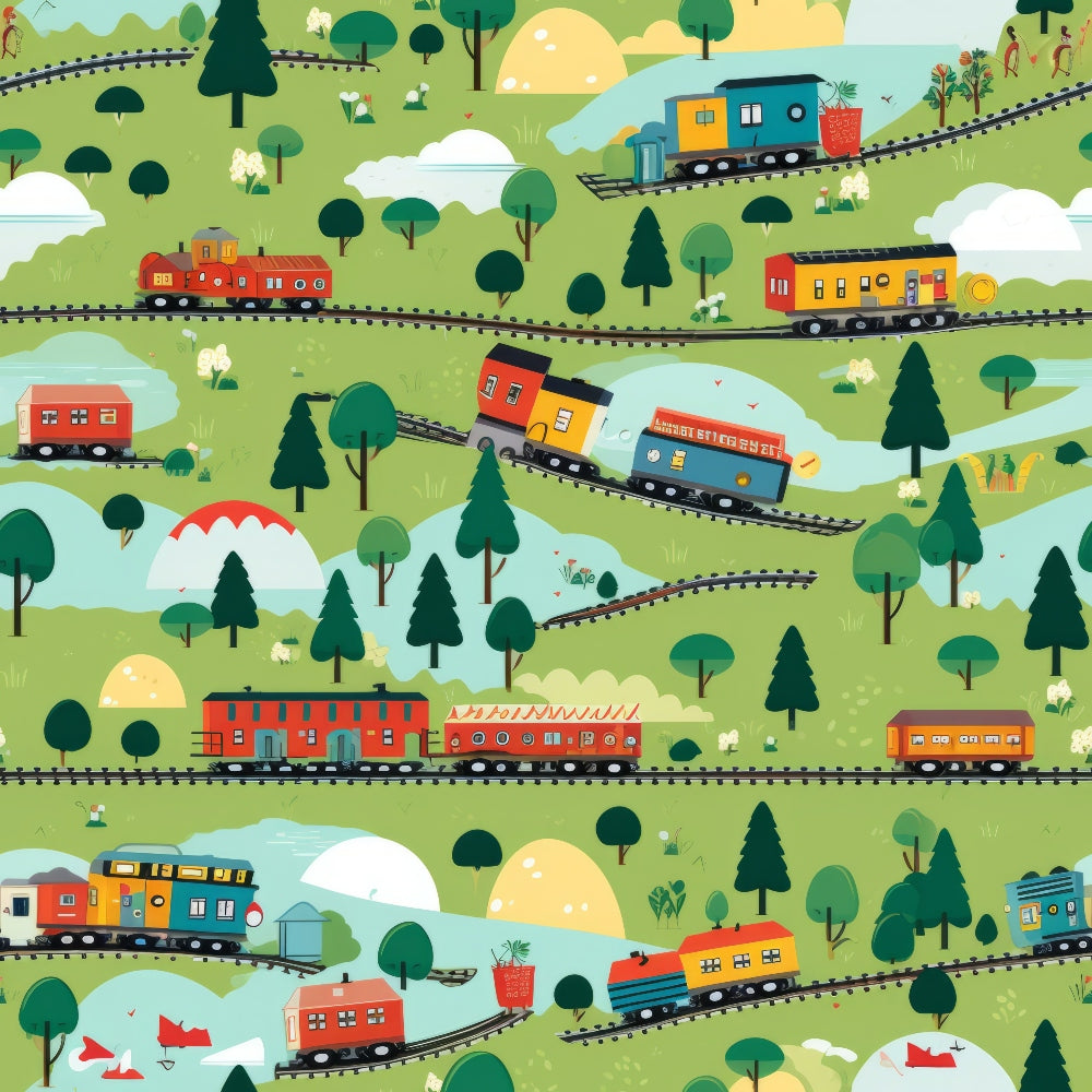 cartoon trains,, fabric panel, green landscape, colorful locomotives, railroad tracks, trees, rolling hills, whimsical illustration, children's design, red trains, yellow trains, blue trains, orange trains, pastoral scene, playful pattern, kid-friendly, transportation theme, bright colors, cheerful mood