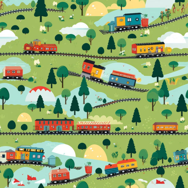 cartoon trains,, fabric panel, green landscape, colorful locomotives, railroad tracks, trees, rolling hills, whimsical illustration, children's design, red trains, yellow trains, blue trains, orange trains, pastoral scene, playful pattern, kid-friendly, transportation theme, bright colors, cheerful mood