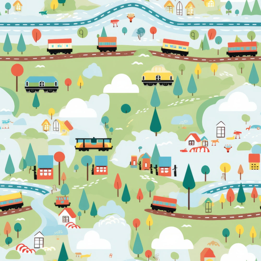 cartoon trains,, fabric panel, green landscape, colorful houses, railroad tracks, whimsical illustration, children's pattern, blue rivers, red roofs, yellow trees, orange locomotives, playful design, rolling hills, white clouds, scenic countryside, transportation theme, bright colors, cheerful mood, cotton fabric