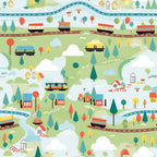 cartoon trains,, fabric panel, green landscape, colorful houses, railroad tracks, whimsical illustration, children's pattern, blue rivers, red roofs, yellow trees, orange locomotives, playful design, rolling hills, white clouds, scenic countryside, transportation theme, bright colors, cheerful mood, cotton fabric