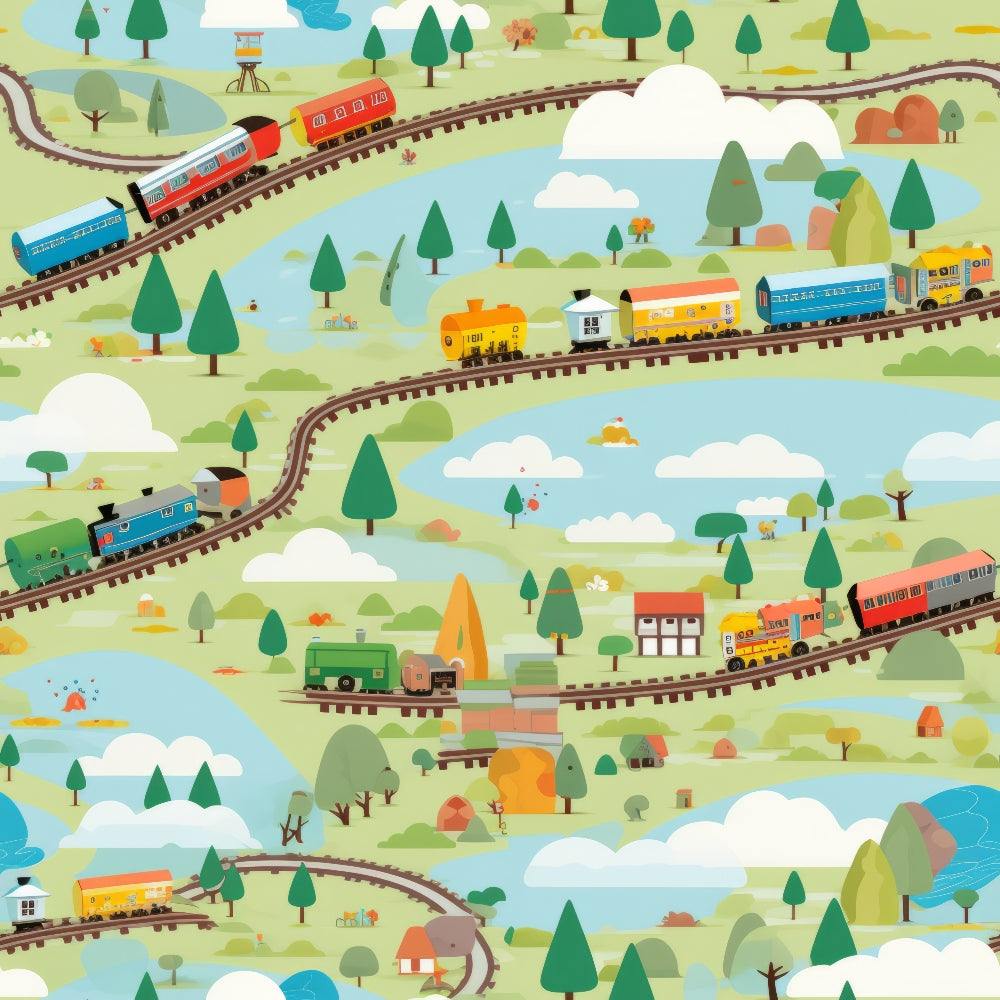 cartoon trains, railway tracks,, fabric panel, green landscape, blue water, white clouds, colorful locomotives, winding rails, pastoral scene, whimsical illustration, children's fabric, bright colors, rolling hills, train cars, playful design, scenic countryside, orange trains, red cars, transportation theme
