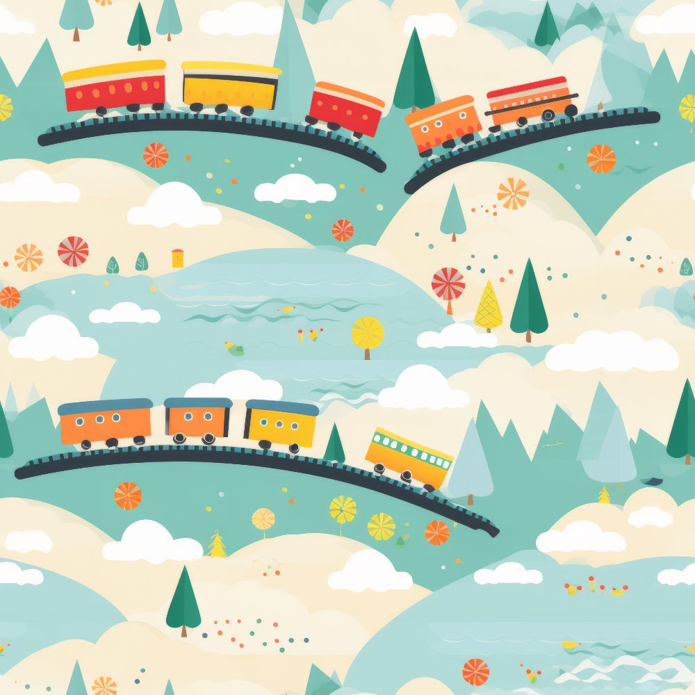 cartoon trains,, fabric panel, whimsical landscape, colorful train cars, rolling hills, evergreen trees, curved railroad tracks, orange, yellow, red, teal, cream, playful illustration, children's theme, transportation motif, scenic countryside, soft pastel palette, nursery fabric, kid-friendly design